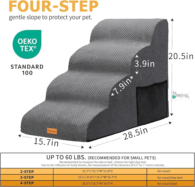 Topmart High Density Foam Dog Steps 4 Tiers,Extra Wide Deep Pet Steps,Non-Slip Dog Stairs Ramp for Bed,Soft Foam Cat Ladder,Best for Older Injured,Older Pets,Cats with Joint Pain
