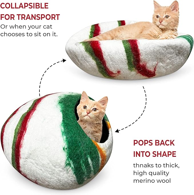 Woolygon Premium Felt Cat Cave Bed – Wool Kitty Beds Handcrafted Kitten Caves Bed for Indoor Cats - Made from 100% Eco-Friendly Merino Wool, Foldable Cat Hidewawy Covered Cat House Pod (Candy Swirl)