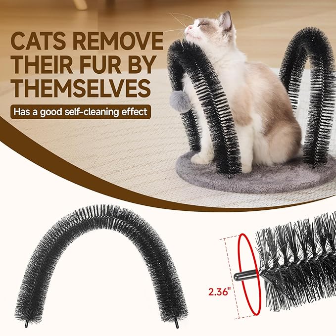 Cat Arch Self Groomer Massager, Kitty Grooming Brush with 2 Brushes and Heavy Plush Base, Cat Face and Back Scratchers, Scratching Post for Indoor and Outdoor Cats with 2 Plush Balls