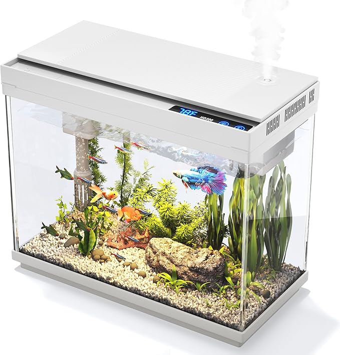 Fish Tank 2.4 Gallon Aquarium Kit with Humidifier 7-Color Auto-Looping 3 in 1 Quiet Pump with Filteration & Oxygenation & Circulation, Temperature Display, HD Glass