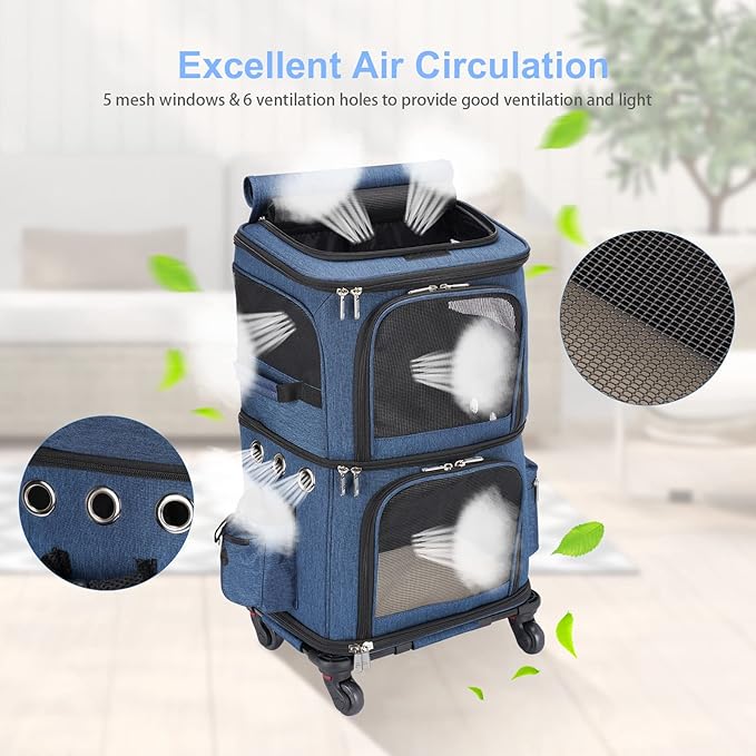 Double-Compartment Pet Carrier Backpack with Wheels for Small Cats and Dogs, Cat Rolling Carrier for 2 Cats, Perfect for Traveling/Taking a Walk/Trips to The Vet, Blue