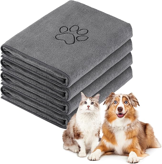 Chumia 4 Pack Dog Towels for Drying Large Microfiber Grooming Tools Absorbent Soft Bath Supplies with Embroidered Paw for Small Medium Pet Products(30 x 50 Inch,Gray)