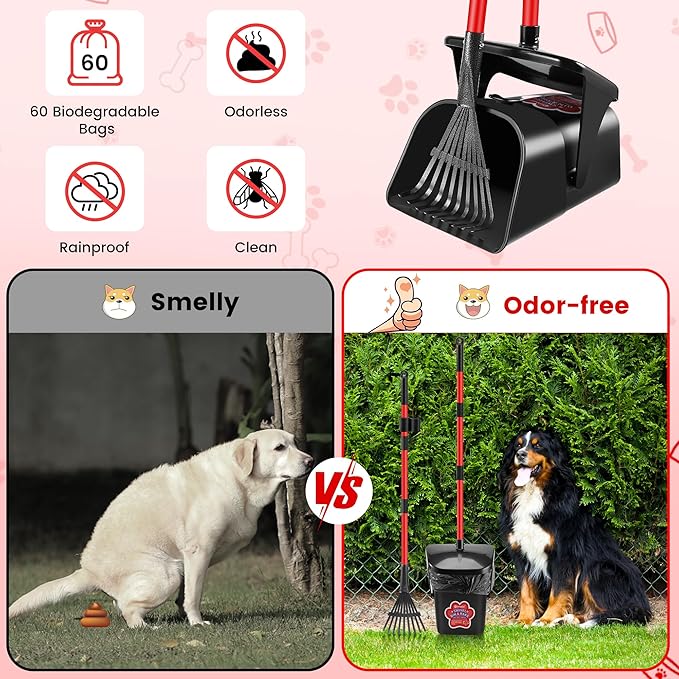 Pooper Scooper Swivel Bin and Rake with 60 Waste Bags, Heavy Duty Dog Poop Scooper for Large Medium Small Dogs, Long Stainless Steel Handle Use on Yard, Grass, Dirt or Gravel
