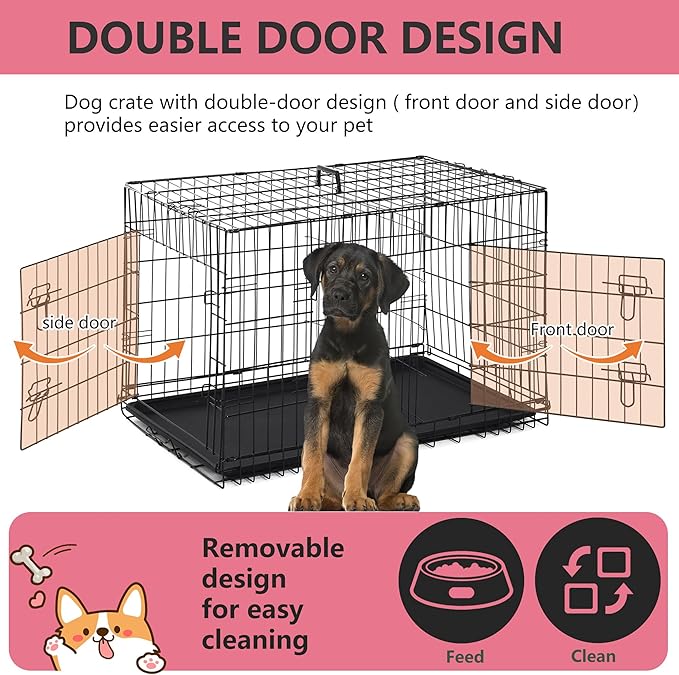 FDW Extra Large Dog Crate Dog Kennel Cage with Double Door,48 inch Folding Metal Wire Dog Cage with Removable Tray&Divider Panel,Pet Crate for Large Dogs,Black