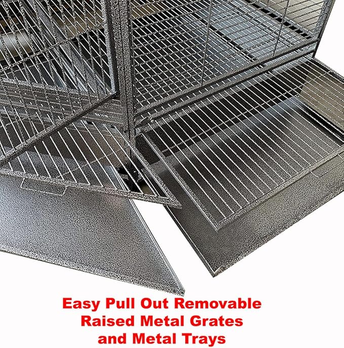 64" Extra Large Corner Bird Flight Breeding Wrought Iron Rolling Parrot Cage Side Solid Metal Plate Feed Doors Pull Out Removable Grate and Tray with Around Metal Seed Guard