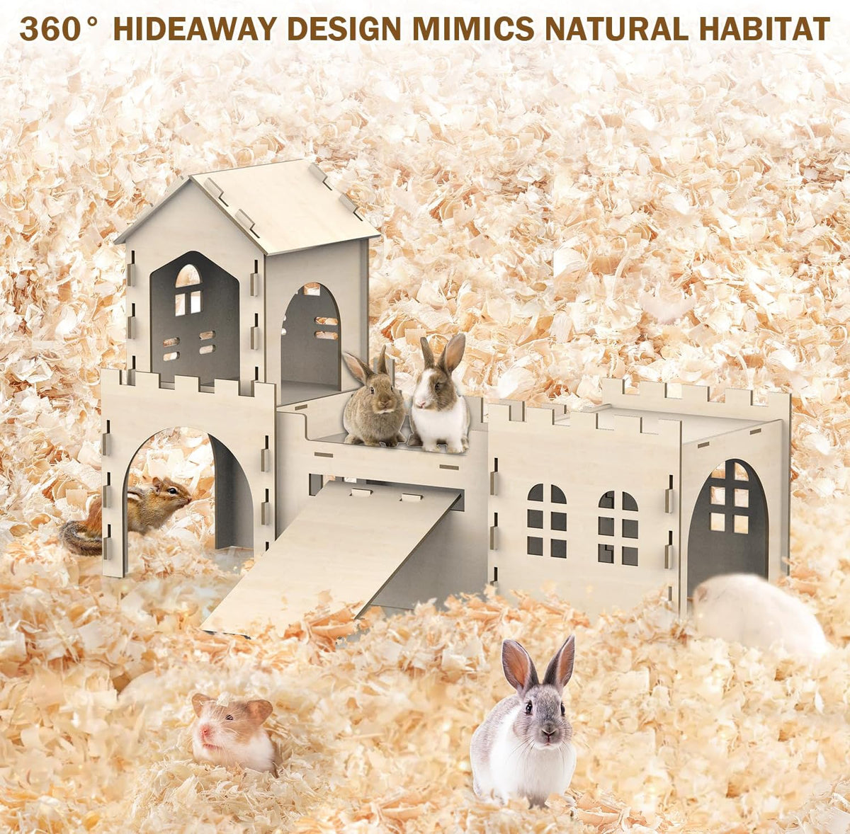 Large Bunny House and Hideouts, Wooden Dual-Layer Rabbit Castle with Stair, Rubber Band-Free Setup - Chew-Proof, Sturdy Habitat for Guinea Pig Chinchilla Ferret (Rabbit House)