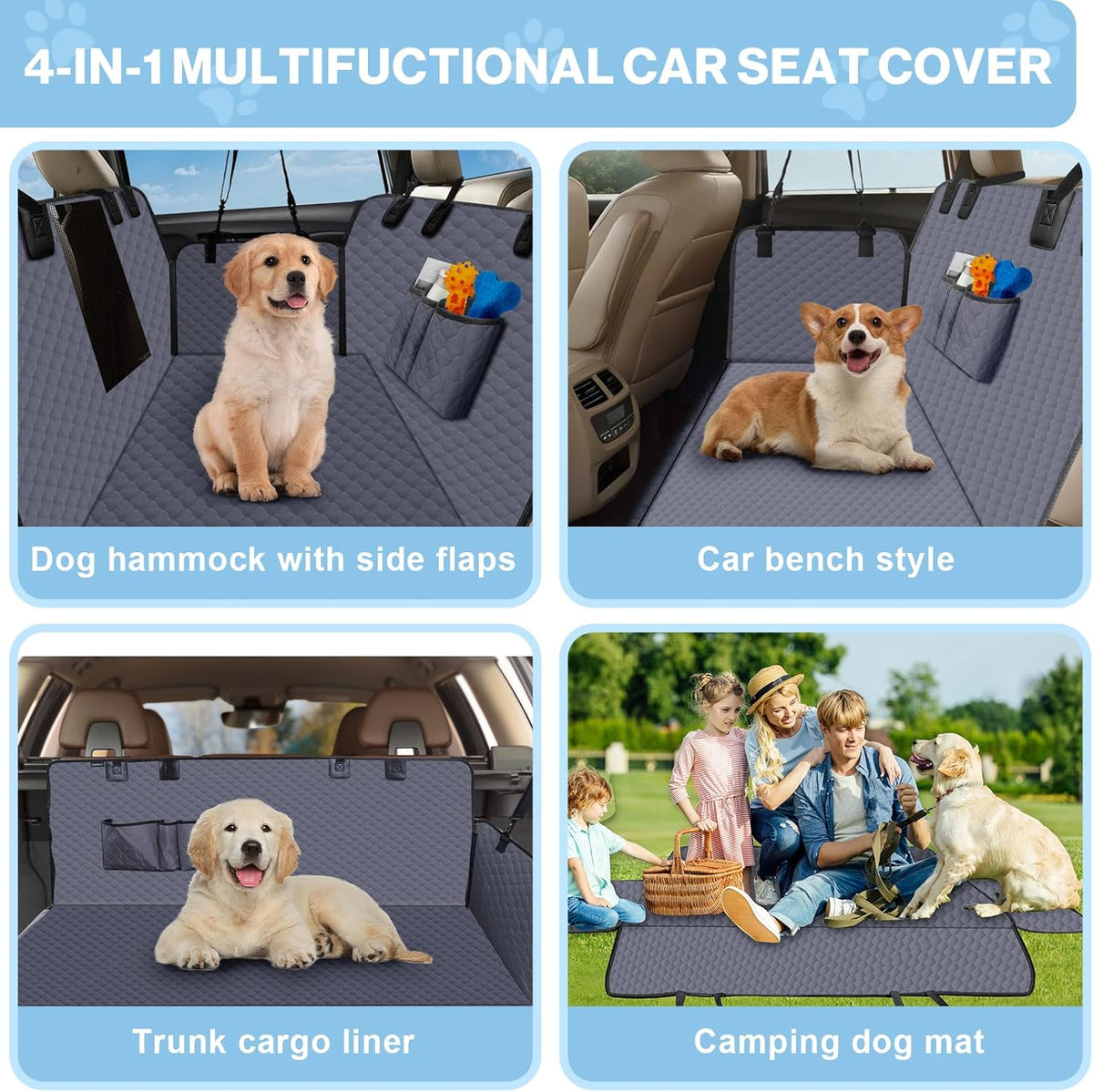 Dog Car Seat Cover for Back Seat, Waterproof Protector with Side Flaps, Scratchproof Hammock, Non-Slip Bottom for Cars/Trucks/SUVs (Grey)