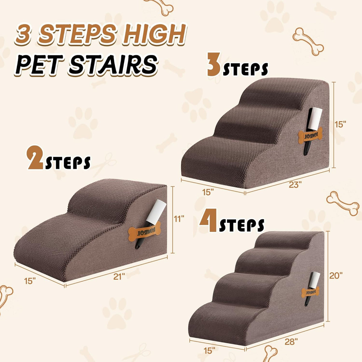 High Density Foam Dog Stairs Ramp for Beds Couches, Romrol Pet Steps with Durable Non-Slip Waterproof Fabric Cover, Dog Slope Stairs Friendly to Small Dogs and Cats or Pets Joints, 2-Tiers