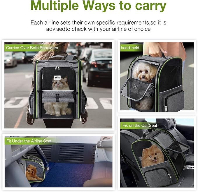 Lekebobor Large Cat Backpack Carrier Expandable Pet Carrier Backpack for Small Dogs Medium Cats Fit Up to 18 Lbs,Dogs Foldable Puppy Backpack Carrier for Travel, Hiking,Grey with Green Edge,L