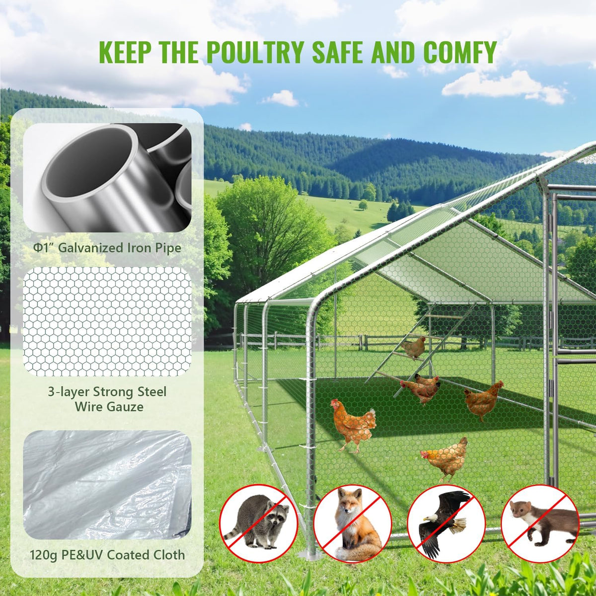 Large Metal Chicken Coop, 10x20x6.5FT Chicken Runs for Yard with Cover