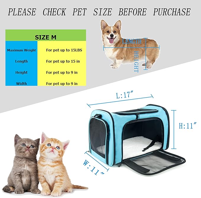 Soft Sided Carrier for Small Medium Cats Dogs,TSA Airline Approved Collapsible Travel Pet Carrier Medium Blue