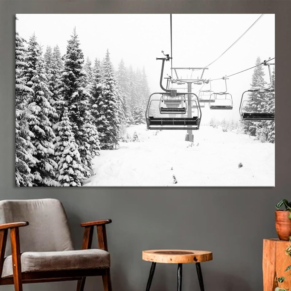 Nature Wall Art Prints - Ocean Forest Mountain Lake Canvas Landscapes - Small to Extra Large Living Room Bedroom Kitchen Bathroom Décor (Ski Lift on Snowy Mountain, 16L" x 24W")