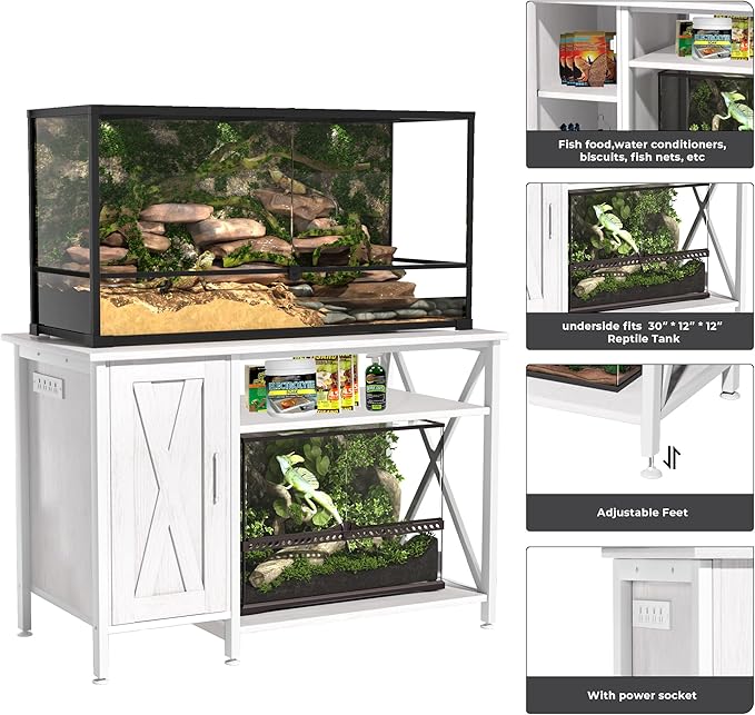 40-120 Gallon Reptile Tank Stand with Power Outlet, Terrarium Stand with Storage Cabinet, 48" X 24" Tabletop, Reptile Terrarium,Turtle Tank White PG08XYW
