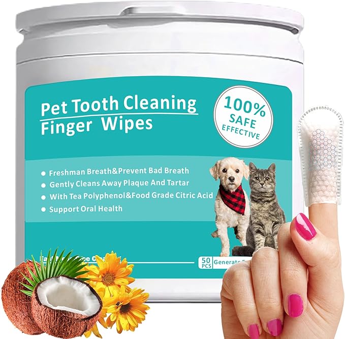 Teeth Cleaning Wipes for Pets 50Pcs ，Dog & Cat Teeth Cleaning Wipes，Pet Teeth Cleaning Finger Mitt Dental Wipe，Pet Teeth Cleaning Finger Wipes，Natural Formula Finger Grooming Wipe for Pets
