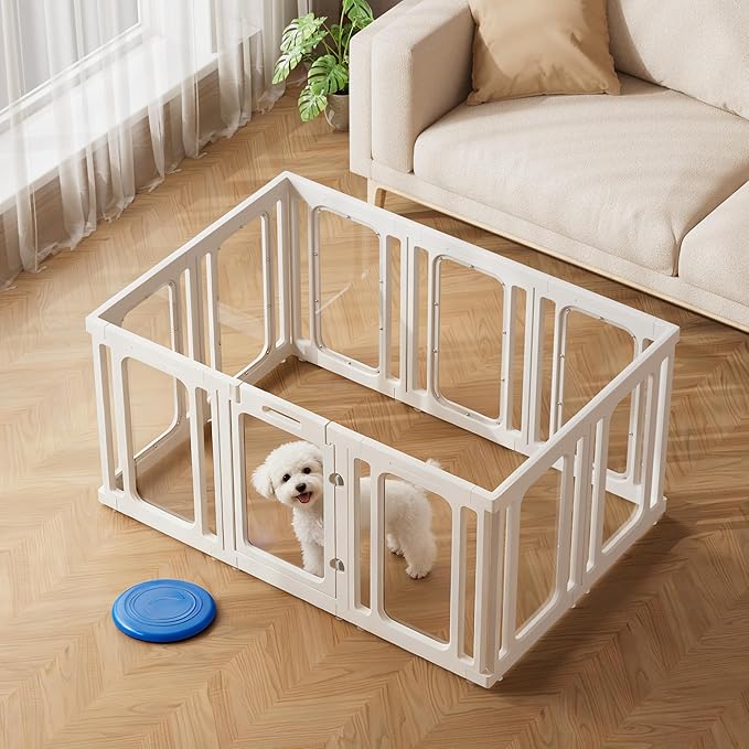 Jalove Dog Playpen Indoor, 24" H Plastic Dog Play Pen with Window, Clear Acrylic Pet Playpen for Puppy Cat Rabbit Ferret, Small Dogs Fence Crate Kennel, Whelping Cage (White, 10 Panels)