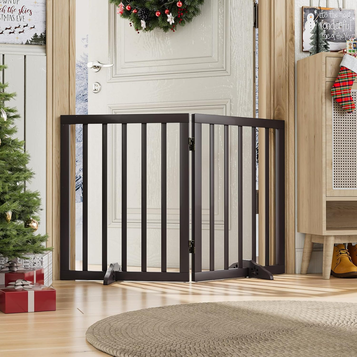 Freestanding Foldable Dog Gate 2 Panel,Fully Assembled Dog Gates for Doorways, Wooden Pet Gates for The House, 24-inch Tall Pet Gate Indoor