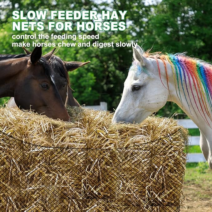 Tongmo 4x4 ft Round Bale Hay Net for Horses & Livestock - Slow Feeder Hay Nets with 2 inches Hole