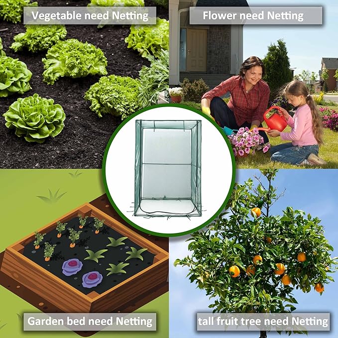 Portable 4'x4' Large 6FT Tall Plant Netting Cover Crop Cages Pest Guard Cover for Vegetables and Fruits Plant Durable Gardening Net with 4 Stakes