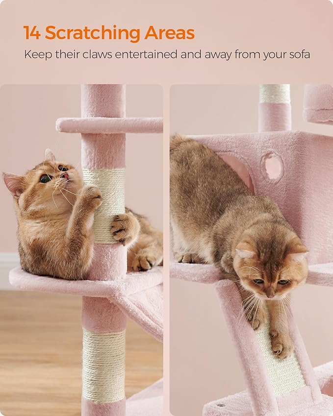 Feandrea Cat Tree, 66.1-Inch Large Cat Tower with 13 Scratching Posts, 2 Perches, 2 Caves, Basket, Hammock, Pompoms, Multi-Level Plush Cat Condo for Indoor Cats, Jelly Pink UPCT165P01