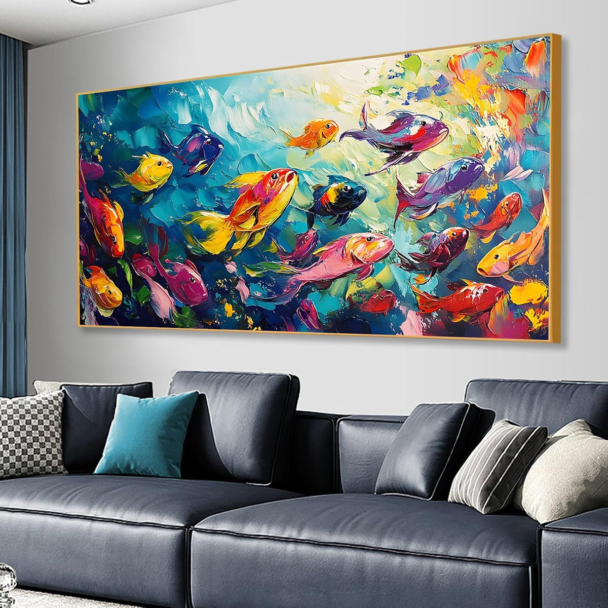 School of Fish Printed Canvas Wall Art – Framed Abstract Ocean Print – Vibrant Fish Wall Decor for Living Room, Bedroom, Office (Gold Framed, 55"x27"|140x70cm)