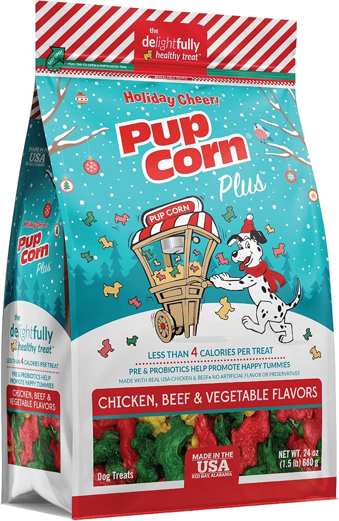 Pup Corn Plus - Puffed Dog Treats with Prebiotics and Probiotics - Holiday Cheer Flavored (24oz) - Made in USA