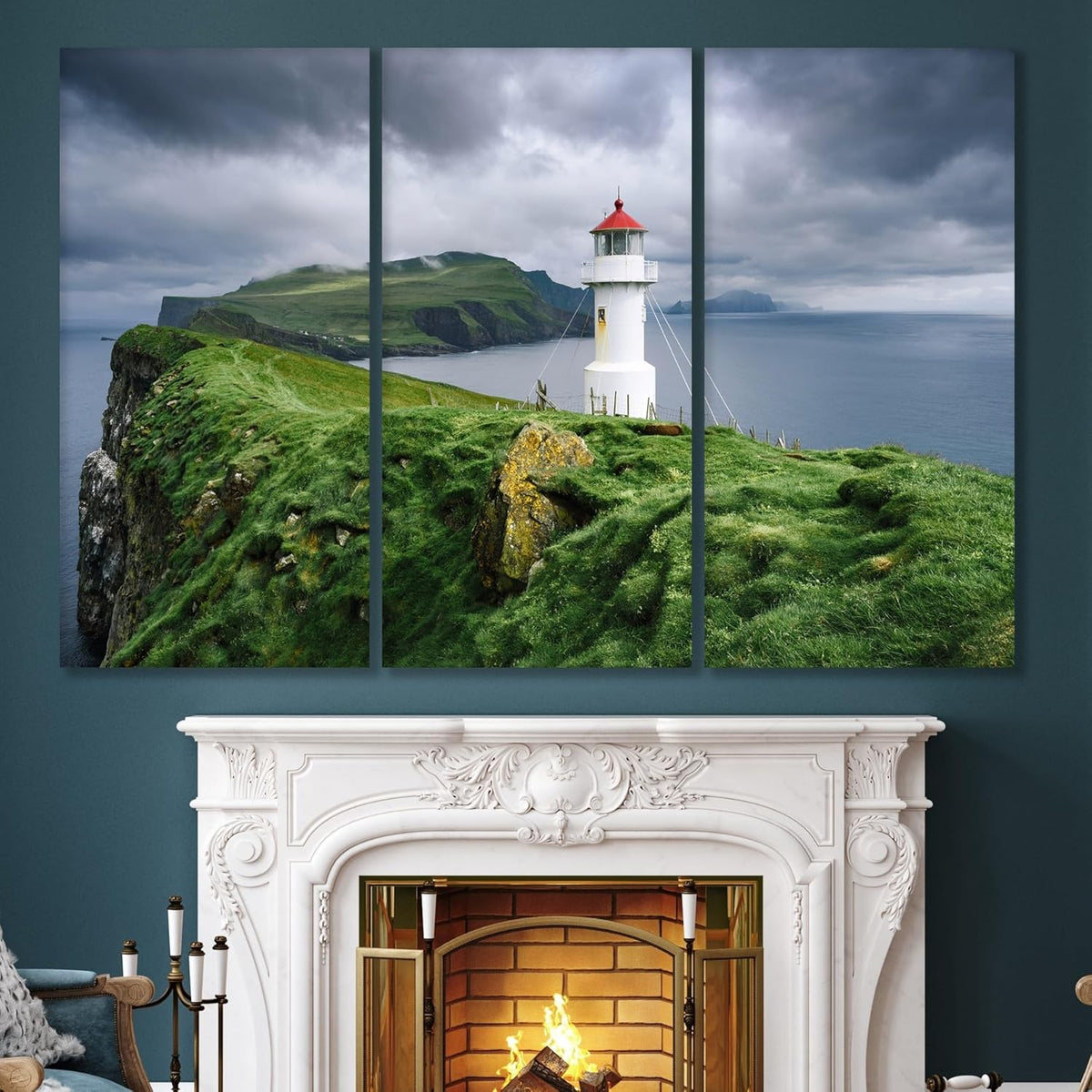 Nature Wall Art Prints - Ocean Forest Mountain Lake Canvas Landscapes - Small to Extra Large Living Room Bedroom Kitchen Bathroom Décor (Stormy Sky Lighthouse, 47L" x 71W" - 3 panels)