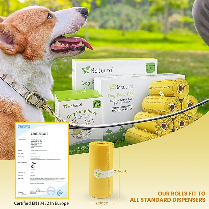Certified Compostable Dog Poop Bags-270 Bags 18Rolls, Poop Bags for Dogs Made of Cornstarch - ASTM D6400 By USA, Leakproof Easy Open, Unscented Dog Waste Bags (Yellow)