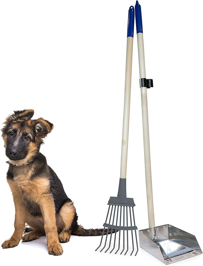 Wood Handle Pooper Scooper Durable Solid Metal Poop Tray with Rake 36.75" Long Handled Scoop | Great for Large or Small Dogs | No Assembly Required | Better for The Environment Than Plastic
