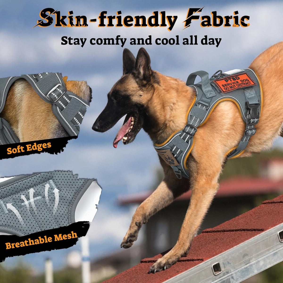 rabbitgoo Dog Harness for Large Dogs No Pull, Tactical Service Pet Vest with Molle and Control Handle, Adjustable and Reflective Military Harness for Easy Walking and Training, Grey, XL