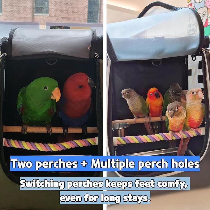 Birds Day Bird Carrier Backpack-Parrot Travel Cage with 2PCS Perch and Food Bowl, Stainless Steel Tray (Charcoal Gray)
