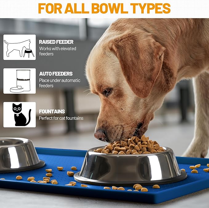 Hubulk Dog Feeding Mat,100% Waterproof Food Grade Silicone Pet Food and Water Bowl Placemat,Dishwasher, High Raised Edge to Prevent Spills,Nonslip Tray to Stop Messes on Floor (24"x16"x0.5", Navy)