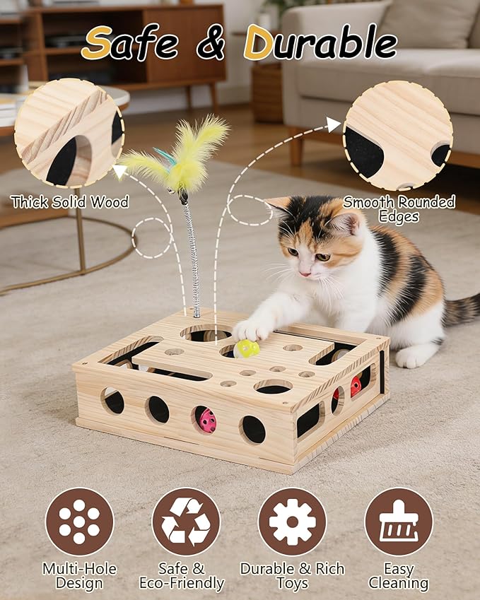 Cat Interactive Box Puzzle Toy - Cats Indoor Hunting Play Toy with 3 Jingle Balls & 1 Feather Wand, Wooden Cat Puzzle Treat Toy Box Energize Cat Instincts for Bored Cats,Eco Friendly