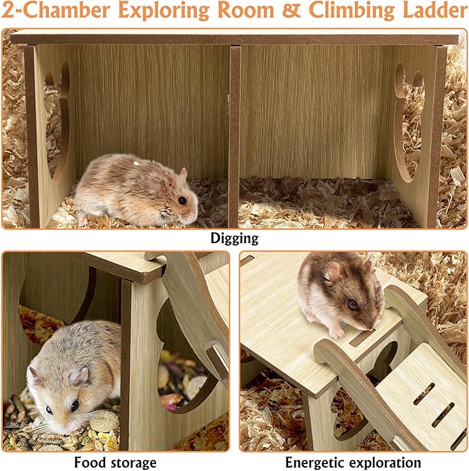 Tfwadmx Wooden Small Animal Hideout & Ramp - Hamster Tunnel System with Climbing Ladder, Peep Shed and Digging Chambers for Mice, Dwarf Hamsters