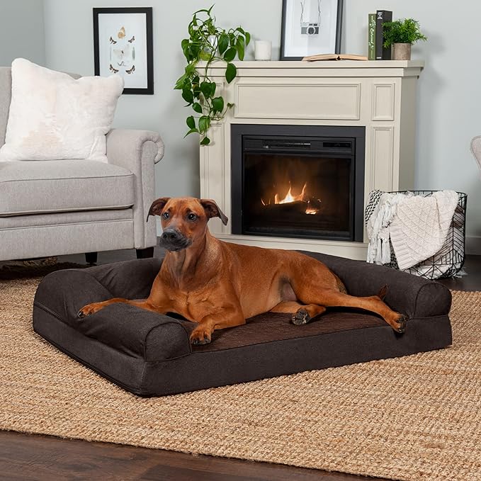 Furhaven Orthopedic Dog Bed for Large Dogs w/ Removable Bolsters & Washable Cover, For Dogs Up to 95 lbs - Sherpa & Chenille Sofa - Coffee, Jumbo/XL