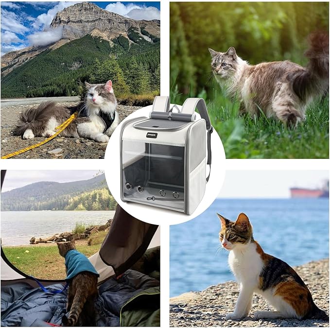 Cat Carrier Backpack, Large Pet Carrier Backpack, Cat Travel Backpack with Breathable Mesh, Cats Backpack Carrier for Small Dog Kitten Cats Carrying Bag, Pet Backpack for Hiking, Light Gray