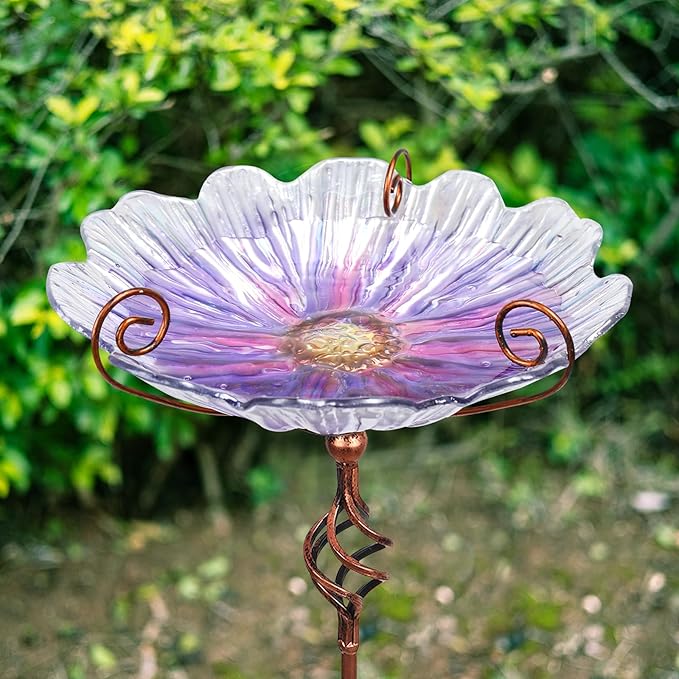 MUMTOP 31 Inch Height Glass Birdbath Birdfeeder with Metal Stake Garden Yard Outdoor Purple