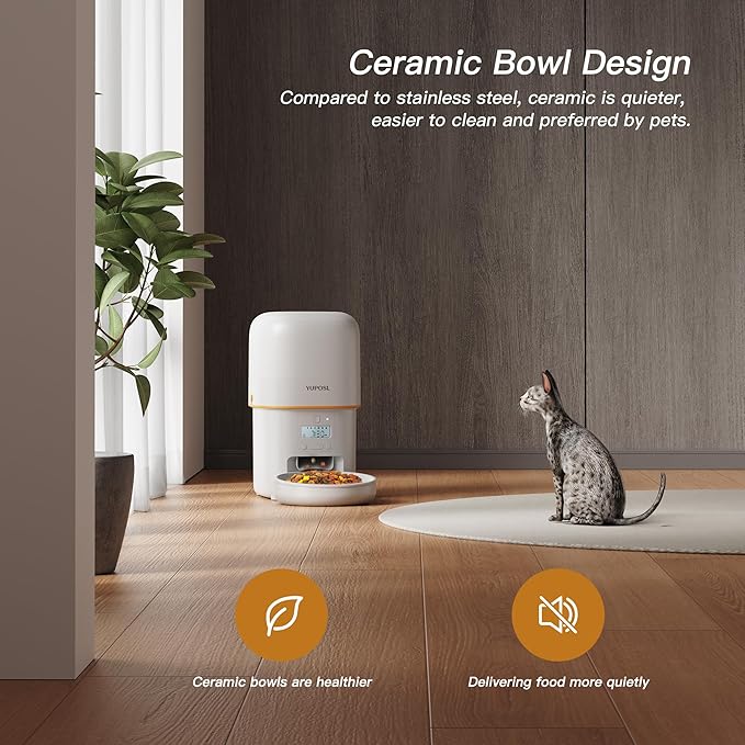 Automatic Cat Feeder - 2L Cat Food Dispenser, Timed Auto Pet Feeder with 180-day Battery Life, 1-6 Meals Per Day, 1-16 Portion, Ceramic Bowl, Desiccant Bag Keeps Dry Food Fresh, Also for Small Dogs