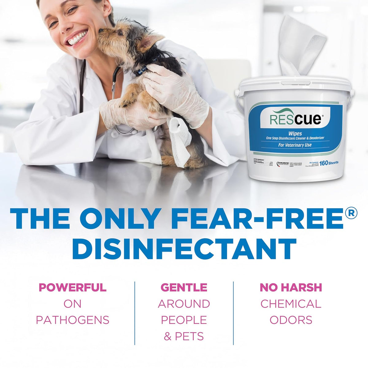 REScue One-Step Disinfectant Cleaner & Deodorizer Wipes for Vet Use – Cleaner for Kennels, Litter Boxes, Vet Offices, Pet Grooming Surfaces – Extra Large Wipes, 160-Count Wipes Bucket (1 Pack)