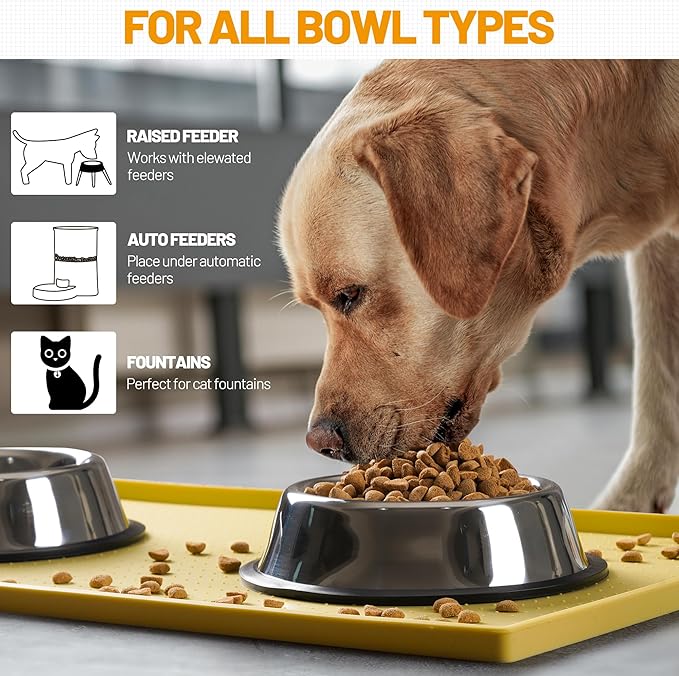 Hubulk Dog Feeding Mat,100% Waterproof Food Grade Silicone Pet Food and Water Bowl Placemat,Dishwasher, High Raised Edge to Prevent Spills,Nonslip Tray to Stop Messes on Floor (32"x24"x1.0", Yellow)