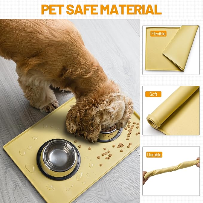 Hubulk Dog Feeding Mat,100% Waterproof Food Grade Silicone Pet Food and Water Bowl Placemat,Dishwasher, High Raised Edge to Prevent Spills,Nonslip Tray to Stop Messes on Floor（28"x18"x0.8", Yellow）