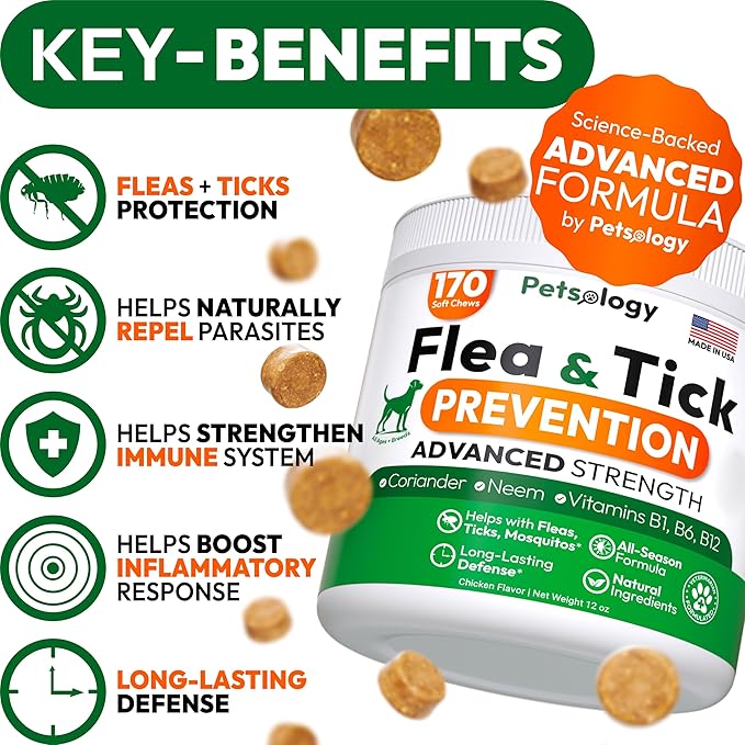 Flea and Tick Prevention for Dogs Pills - Natural Dog Flea & Tick Control - 170 Soft Chewables - Oral Defense Treatment for Dogs Supplement - Vet Formulated Chews - All Breeds & Ages - Made in USA