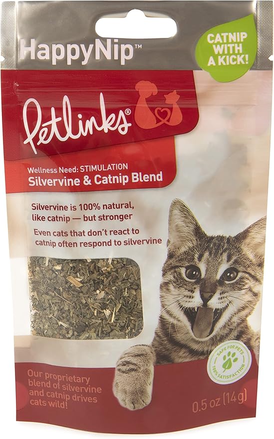 Petlinks HappyNip Catnip & Silvervine Blend for Cats & Kittens, Highly Potent Stimulant/Attractant, Great for Finicky Felines, Resealable Pouch - 0.5 oz