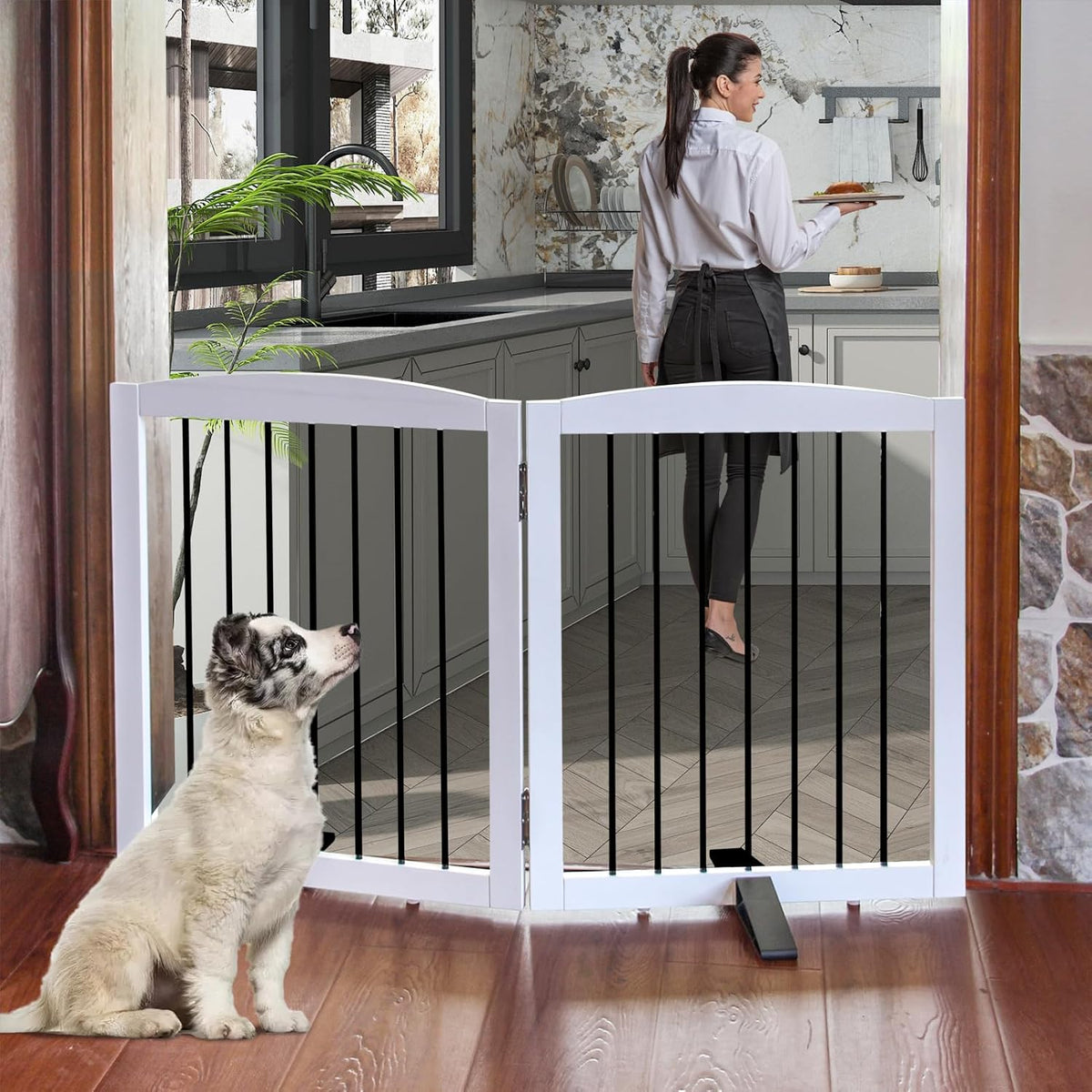 Freestanding Panel Gate for Indoor Doorways, Stairs, or Hallways, Foldable Wooden Gate for Dogs, Support Feet Included, 24" Height - 2 Panels, White