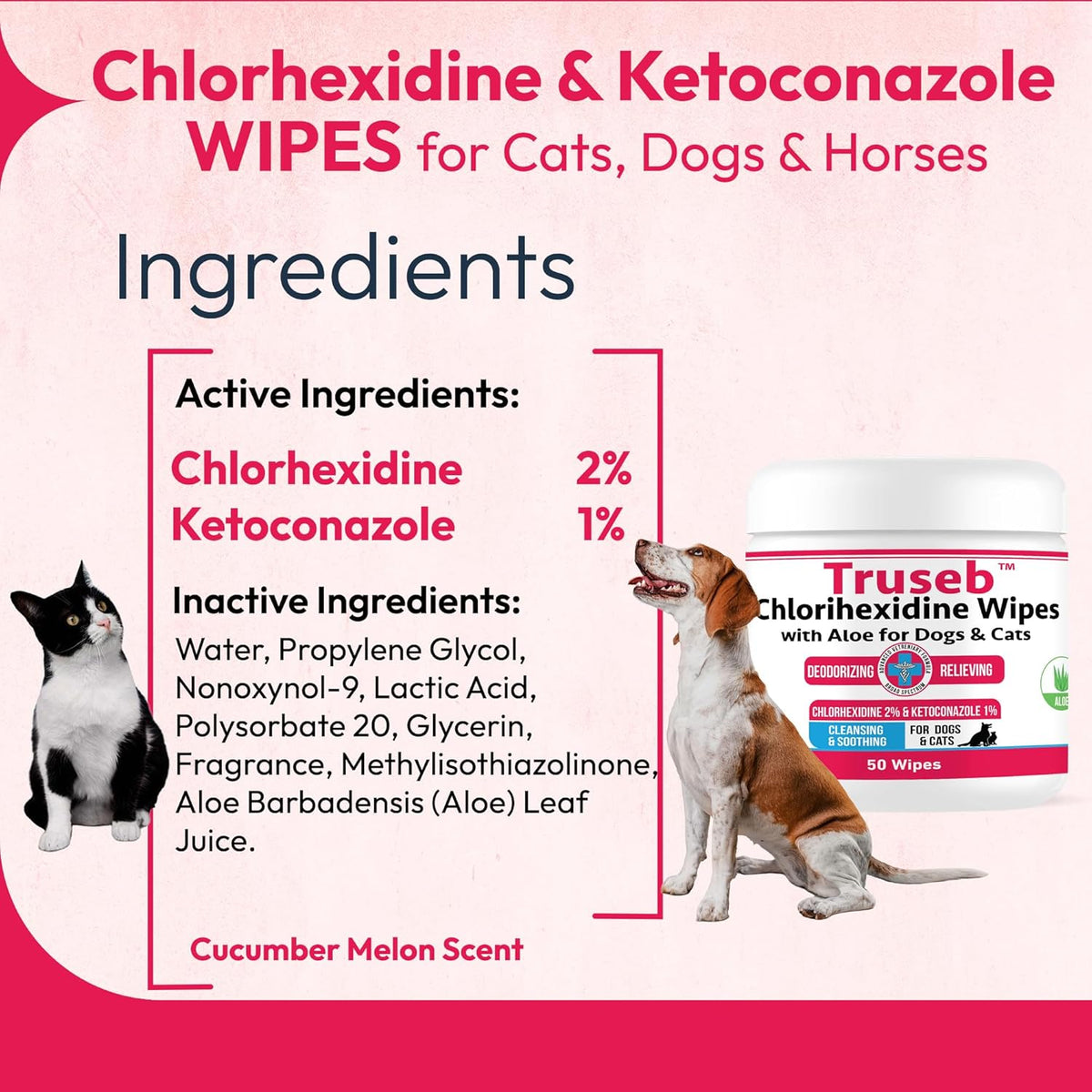 Truseb Topical Ketoconazole and Chlorhexidine Wipes for Dogs, Cats and Horses - with Aloe for Cleansing - 50 Count (Ketoconazole & Chlorhexidine Wipes, 50 Count)