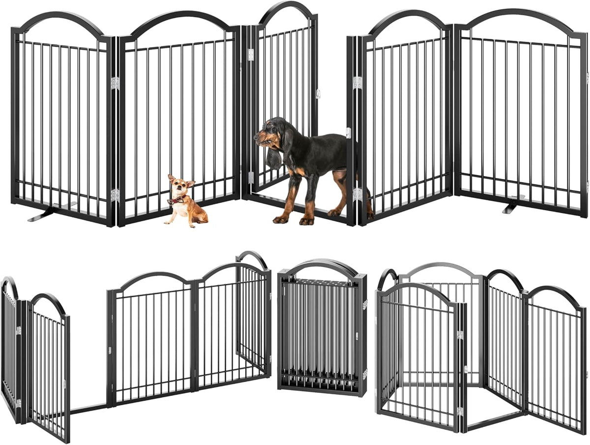 BHG Metal No-Assembly Freestanding Dog Gate with Door Walk Through, Extra Wide 120", Extra Tall 32" Pet Gate, Accordion Puppy Folding Playpen Dog Fence, with 2PCS Support (Black, 5 Panels)