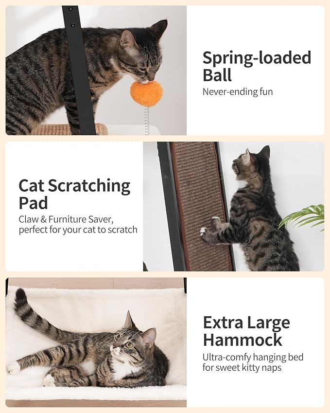 FourFurPets Modern Cat Tree, 58-Inch Cat Tower for Large Cats, Maine Coon Cat Tree with Scratching Board, Large Perch, Hammock and Removable Pads, Greige