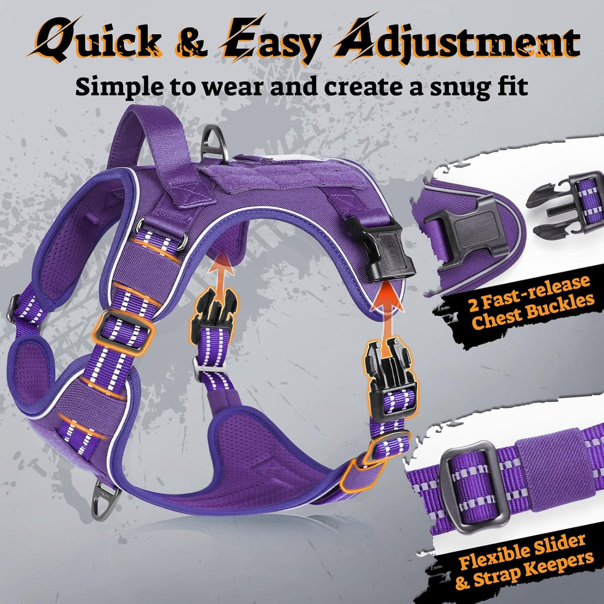 rabbitgoo Dog Harness for Large Dogs No Pull, Tactical Service Pet Vest with Molle and Control Handle, Adjustable and Reflective Military Harness for Easy Walking and Training, Purple, L