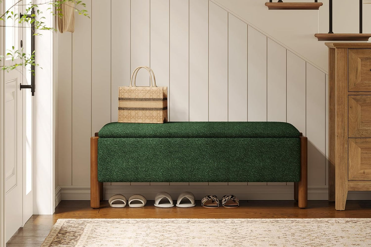 Modern Storage Benches with Walnut Wood Legs, 47'' Ottoman Bench with 20 Gallons Storage Space for Bedroom End of Bed, Fabric Upholstered Entryway Bench with Seating for Livingroom, Green