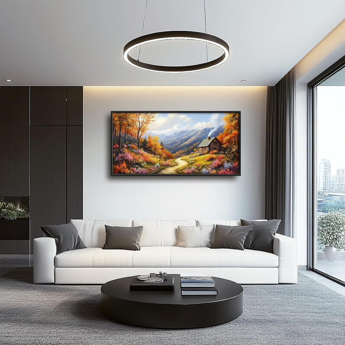 Framed Large Autumn Mountain Wall Art for Living Room, Oversized Wildflower Tree Wall Decor Nature Landscape Canvas Painting Modern Artwork Home Decoration for Living Room Bedroom 60"x30"