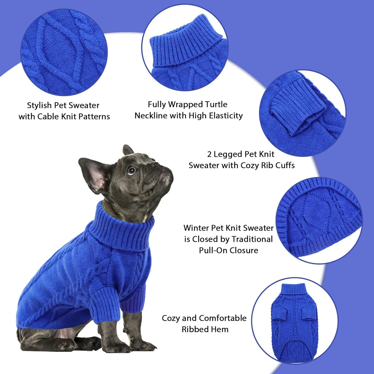 Queenmore Small Dog Pullover Sweater, Cold Weather Cable Knitwear, Classic Turtleneck Thick Warm Clothes for Chihuahua, Bulldog, Dachshund, Pug (Royal Blue, Large)